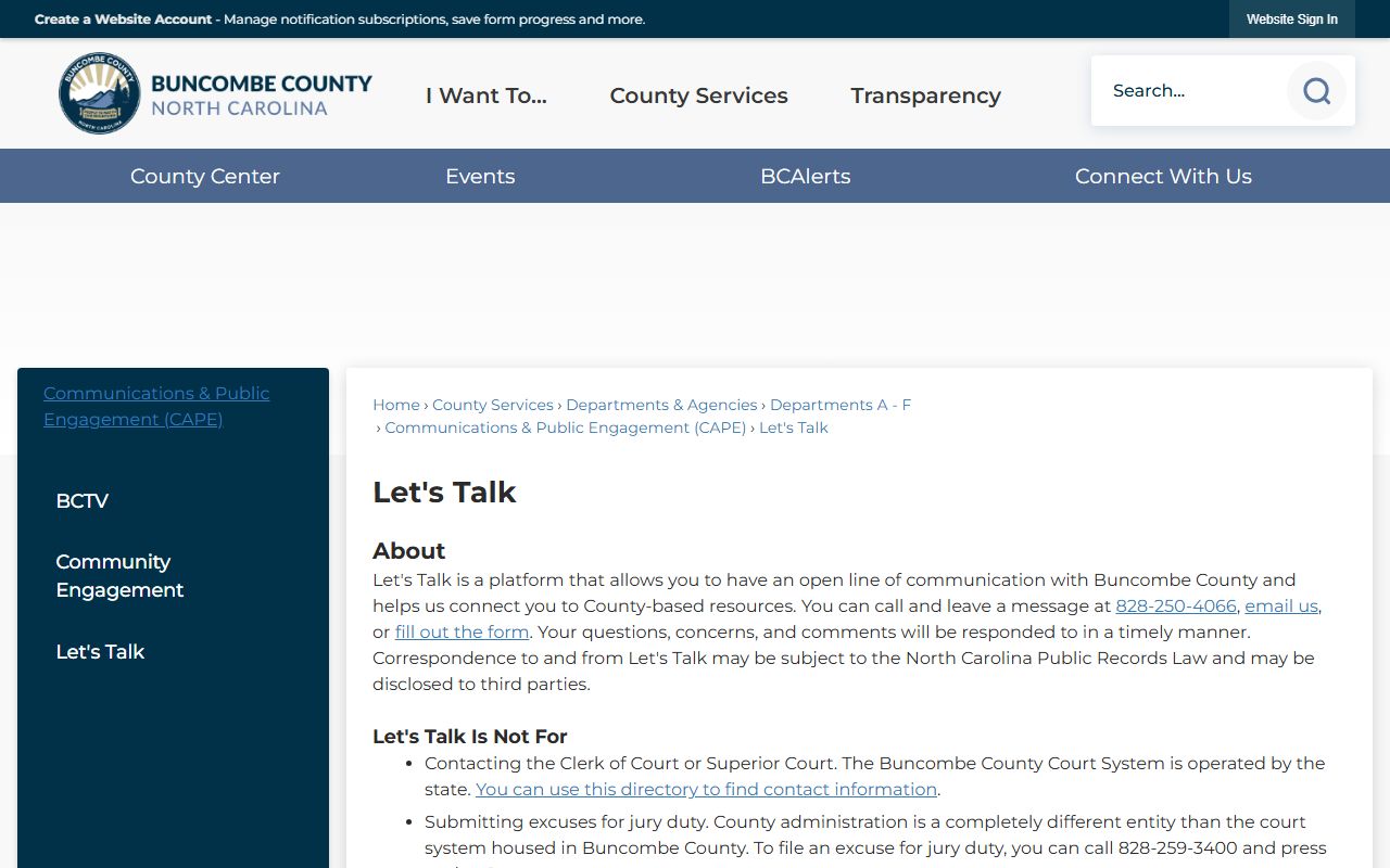 Buncombe County phone directory Let's Talk routing