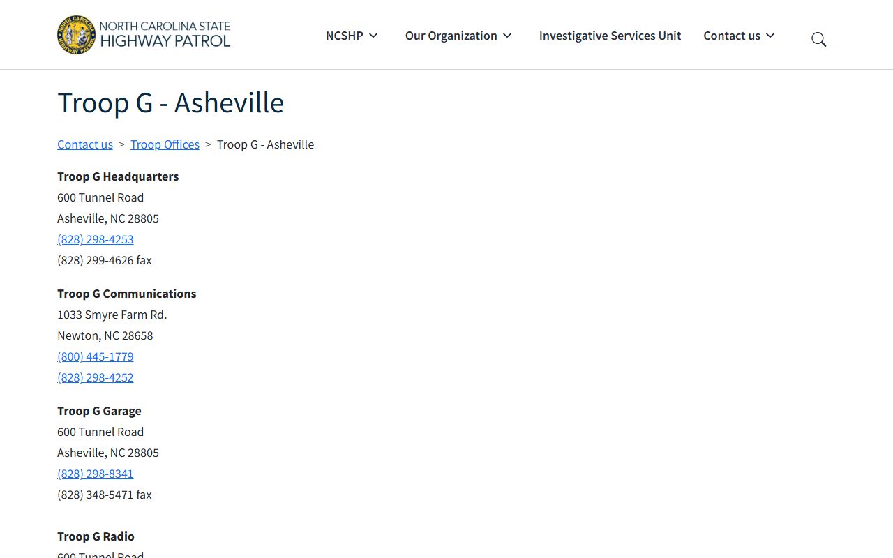 NC State Highway Patrol Troop G Asheville contact page showing a Buncombe County regional 828 contact