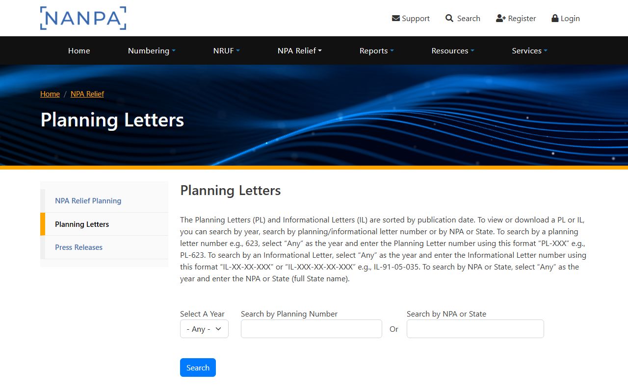 NANPA planning-letter search for North Carolina area code history and 828 relief records