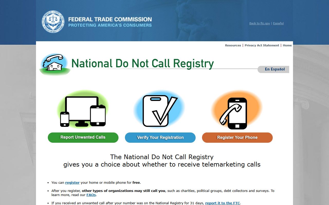 FTC Do Not Call Registry page for registering numbers and reporting unwanted calls