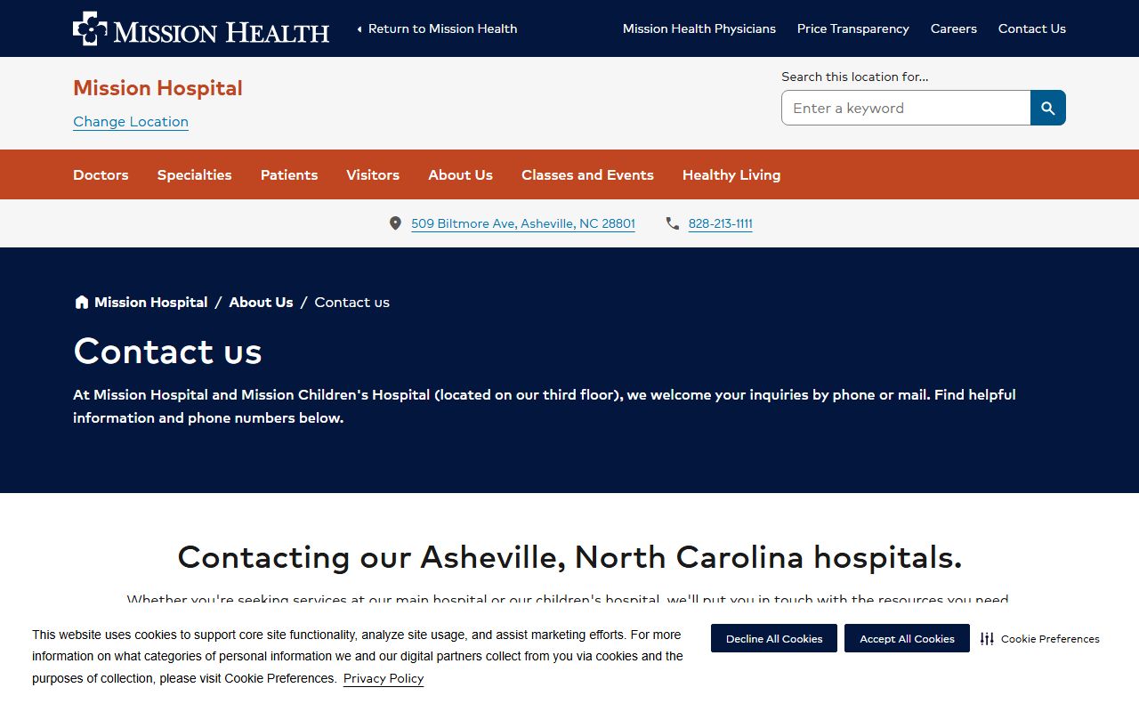 Mission Hospital contact page with hospital phone directory entries for Buncombe County callers