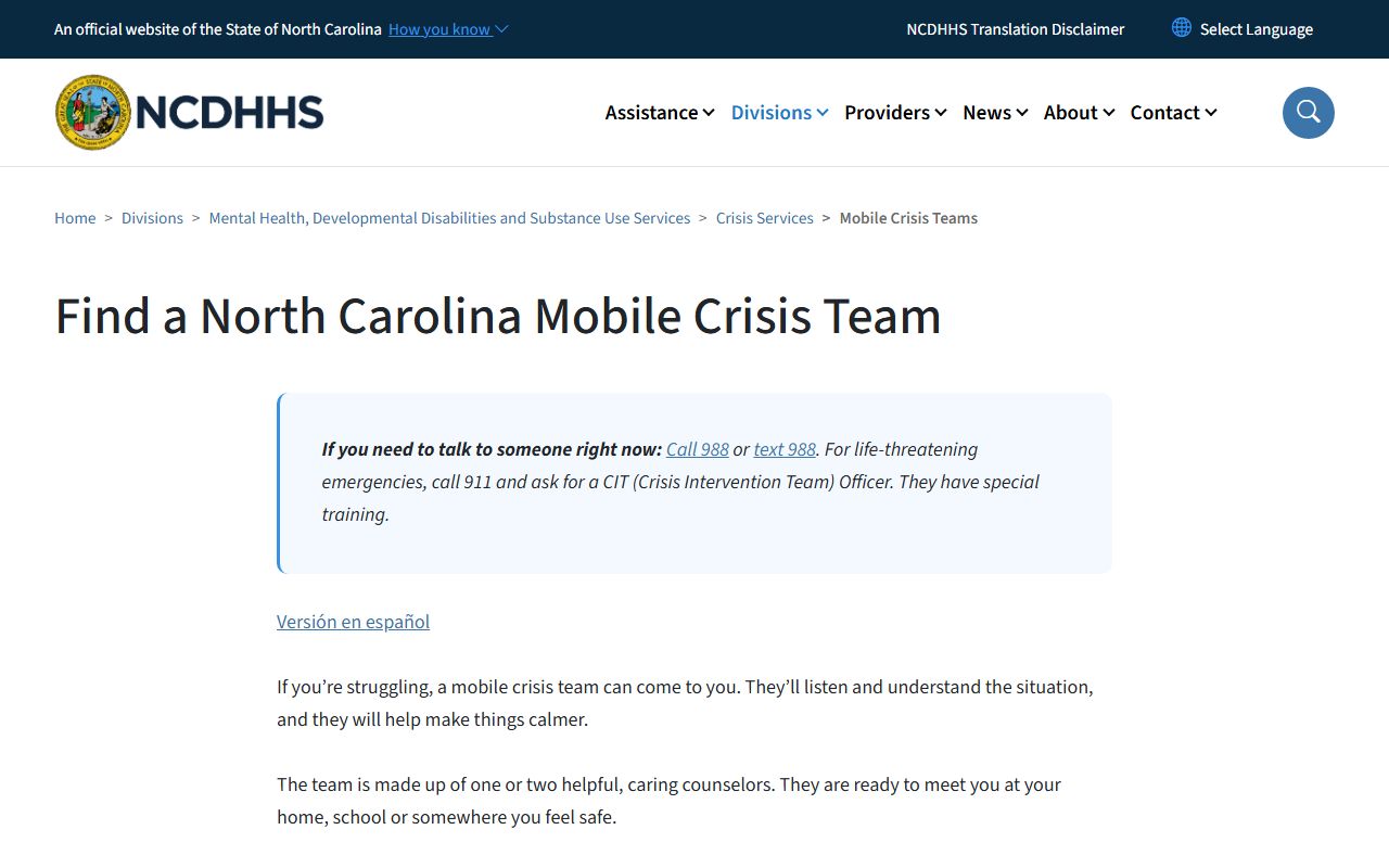 NCDHHS mobile crisis team lookup showing county crisis routing for Buncombe County