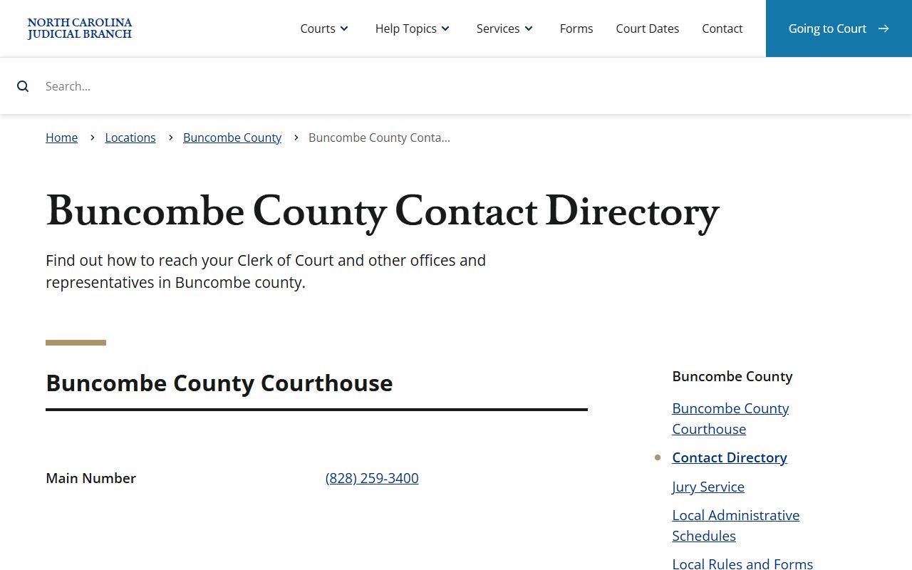 North Carolina Judicial Branch Buncombe County contact directory for court phone numbers